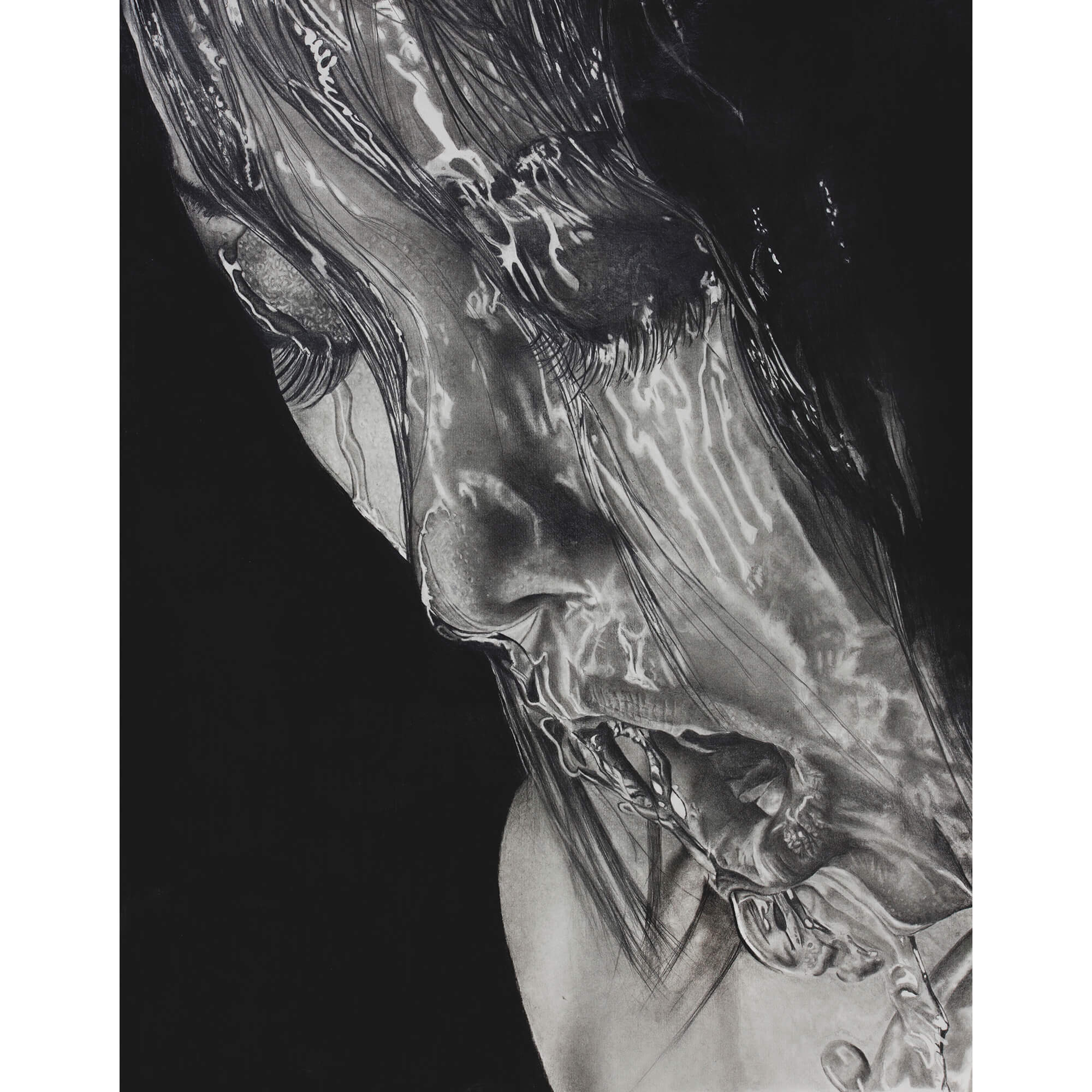 Woman with water on her face Pencil drawing by Simon Knight, artist in Cornwall. Drawing for sale