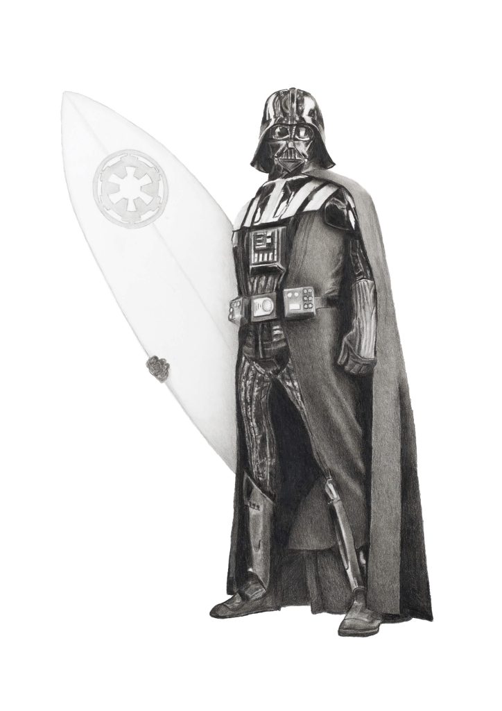 Darth Vader Surf print Star Wars highly detailed pencil drawing by Simon Knight, artist in Cornwall. Drawing for sale