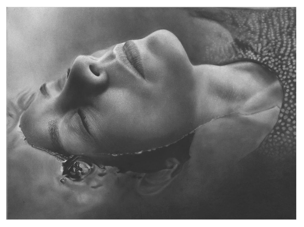 Time to reflect woman in water highly detailed Charcoal drawing by Simon Knight, artist in Cornwall. Drawing for sale