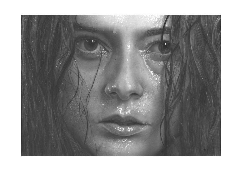 Rise drawing of a woman highly detailed Charcoal drawing by Simon Knight, artist in Cornwall. Drawing for sale