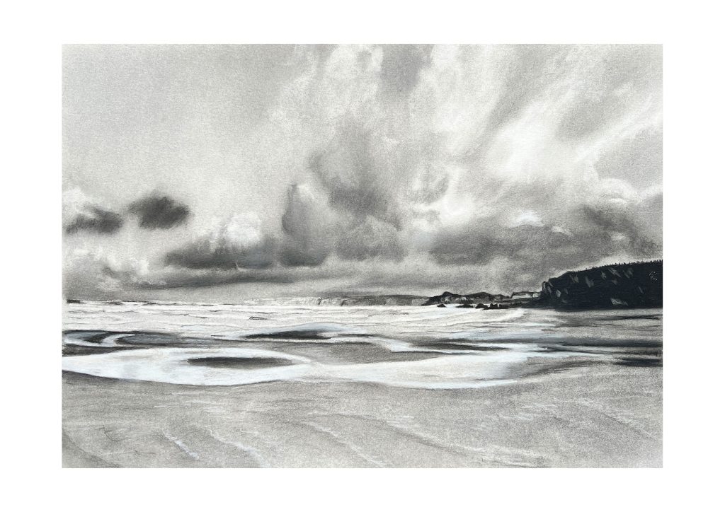 Cornish seascape charcoal drawing by Simon Knight, artist in Cornwall. Drawing for sale