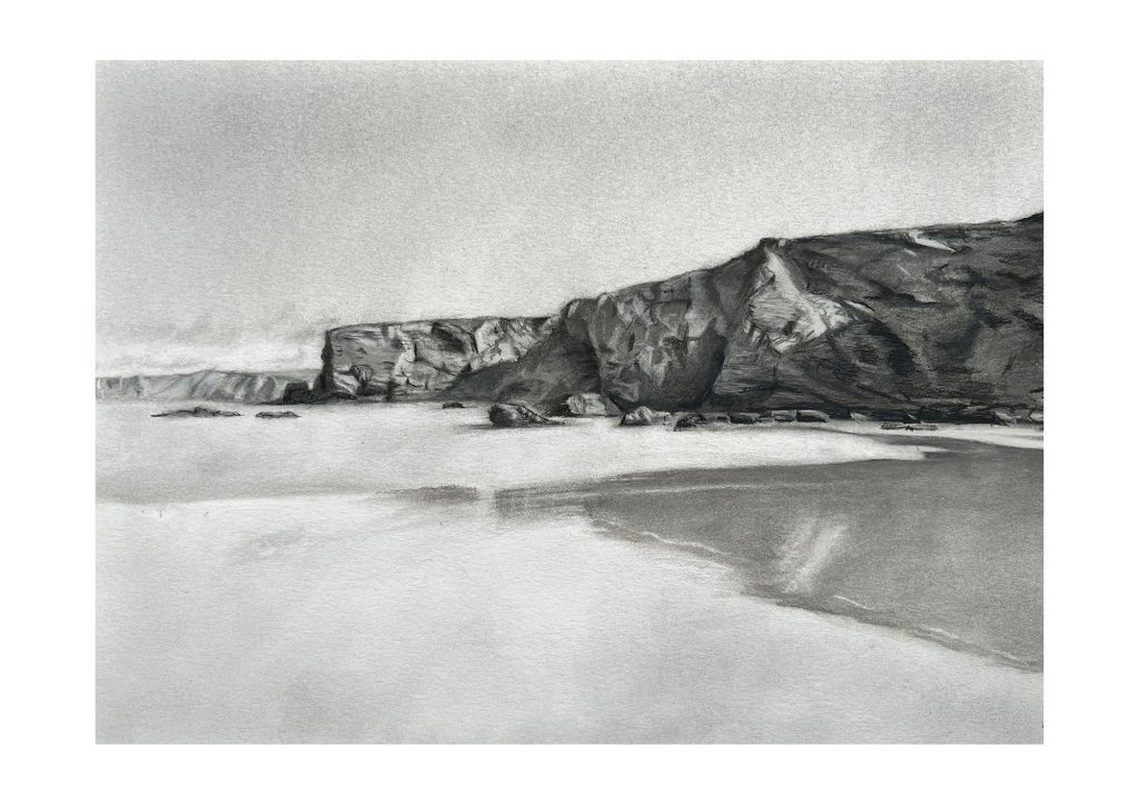 Cornish seascape charcoal drawing by Simon Knight, artist in Cornwall. Drawing for sale