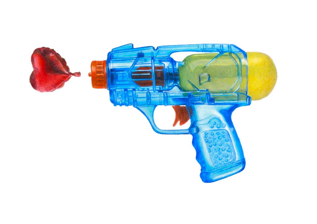 A gun shooting a heart balloon colour pencil drawing by Cornish Artist Simon Knight