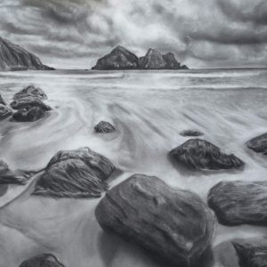 Holywell Bay seascape, dark and stormy